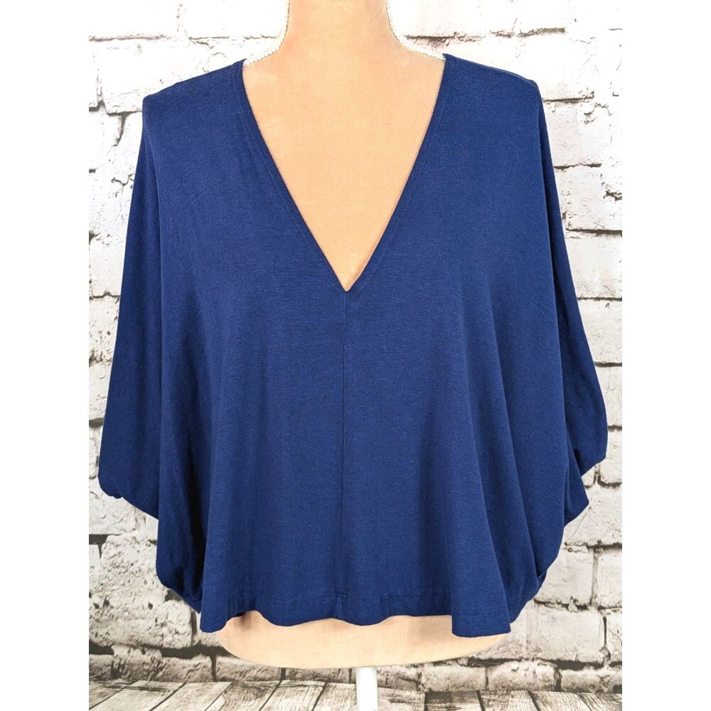 bryn WALKER Dolman Sleeve Oversized Top V-Neck Bamboo Organic Cotton Blue Small